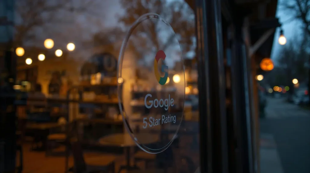 A successful local business storefront at dusk, glowing with warm light and showing a 5-star Google review sticker, representing the results of good Local SEO.
