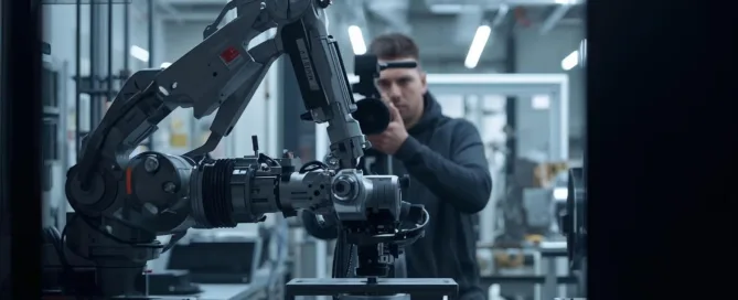 A professional videographer filming a high-tech robotic arm in a clean factory, symbolizing creative storytelling and video production in B2B marketing.
